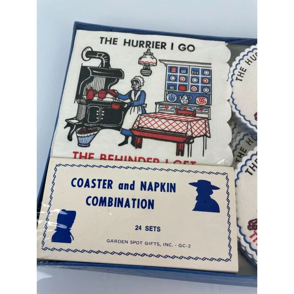 The Hurrier I Go The Behinder I Get Napkin & Coaster Set, NEW Sealed Vintage